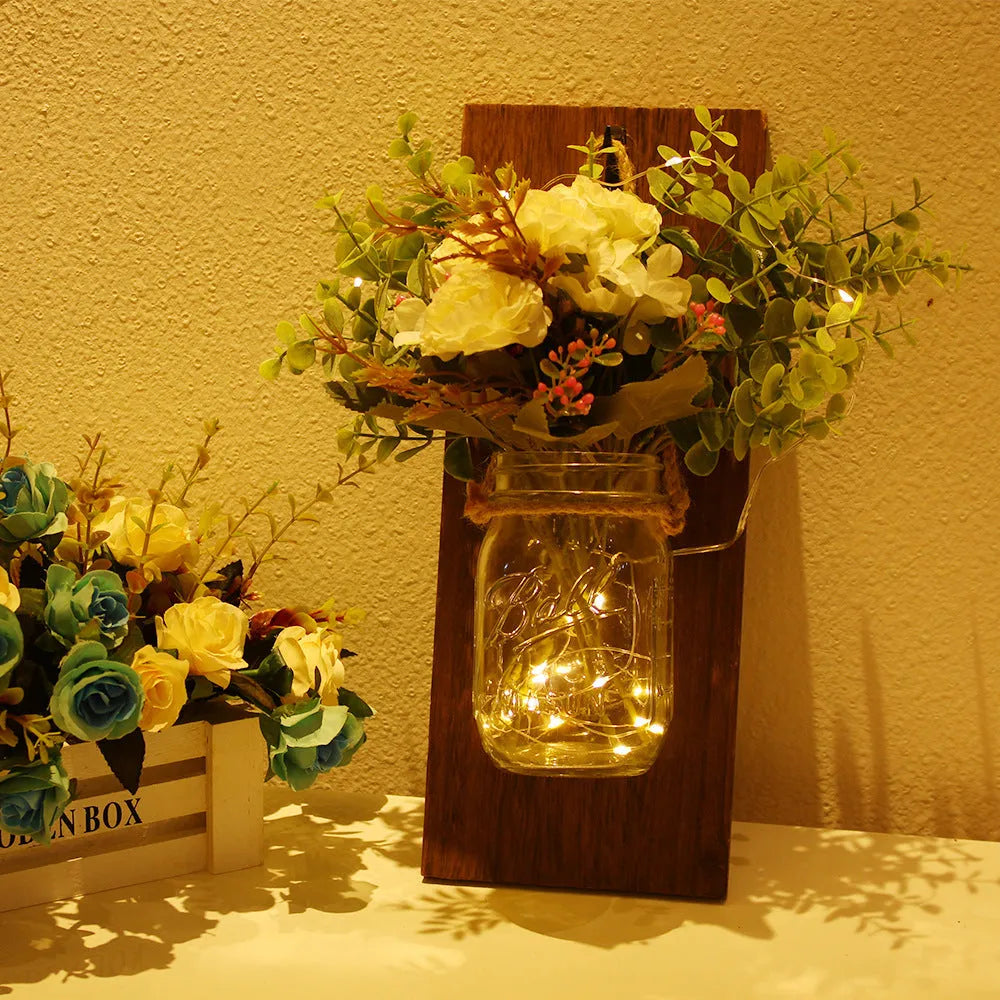 White LED petal wood wall lamp with glass shade on a wall, European modern style