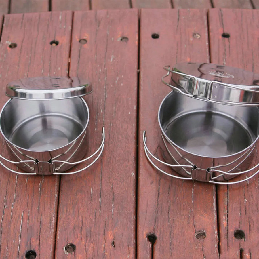 Silver stainless steel outdoor camping cookware pot set with round 4-piece configuration