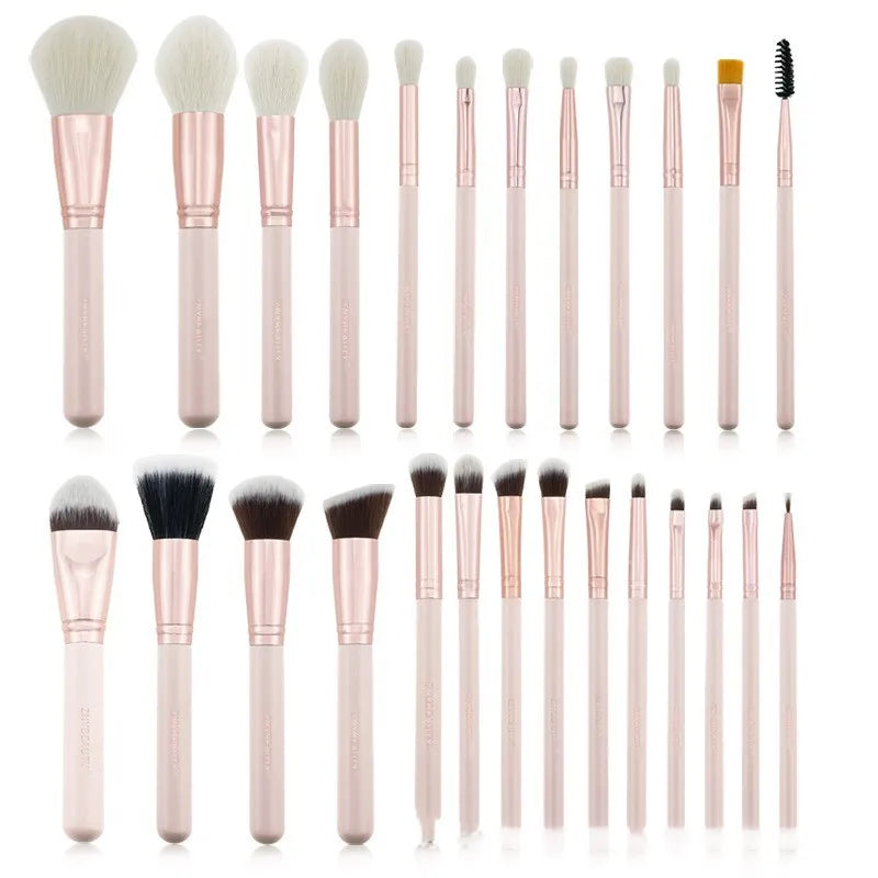 26-piece pink makeup brush set with wool bristles and wooden handles in PU storage bag
