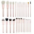 26-piece pink makeup brush set with wool bristles and wooden handles in PU storage bag