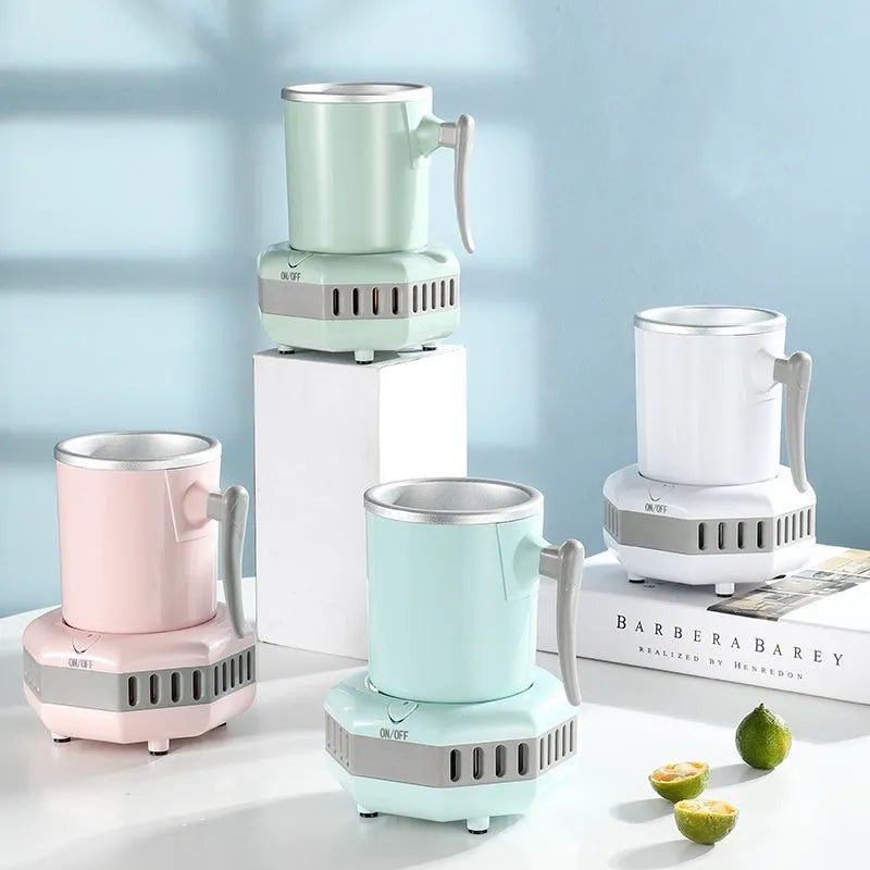 White mini cooling cup with semiconductor refrigeration base on desk