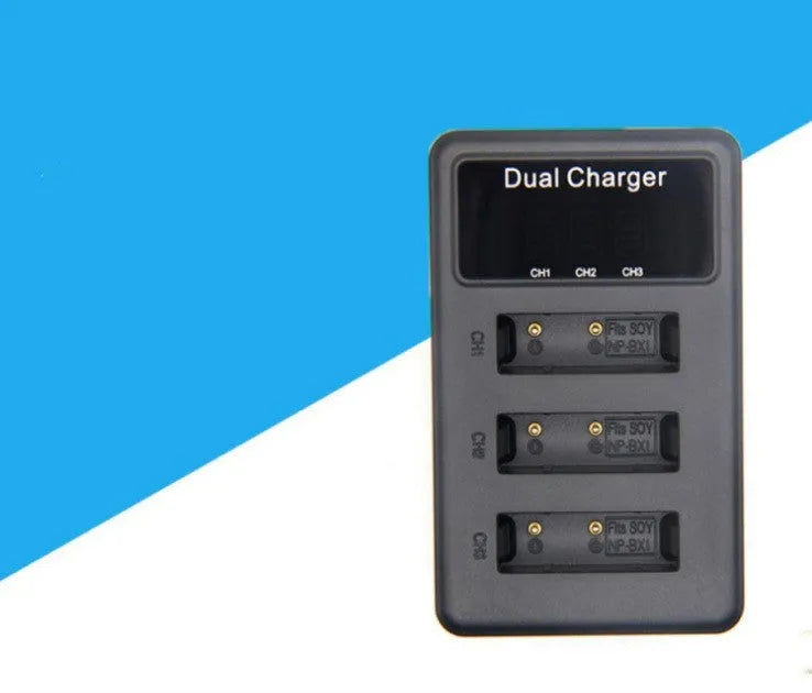 Vertical USB charger for digital camera, black, three slots, Micro-USB input, anti-slip base