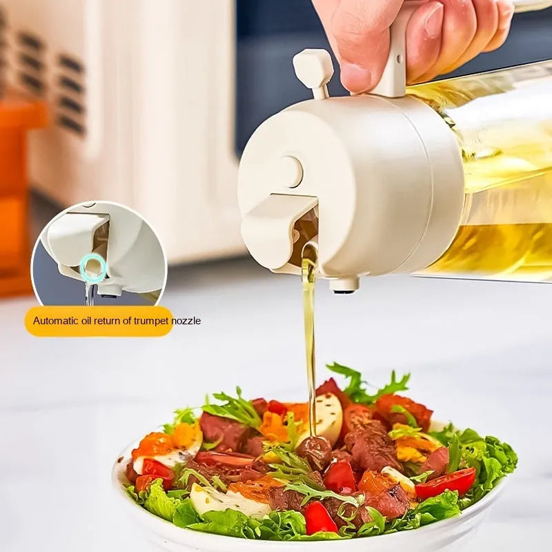 Glass oil sprayer and pour dispenser bottle in beige, yellow, green, or black with ergonomic handle.