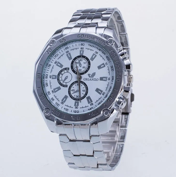 Silver stainless steel men's sport watch with pointer display, 4cm dial, black face on steel strap