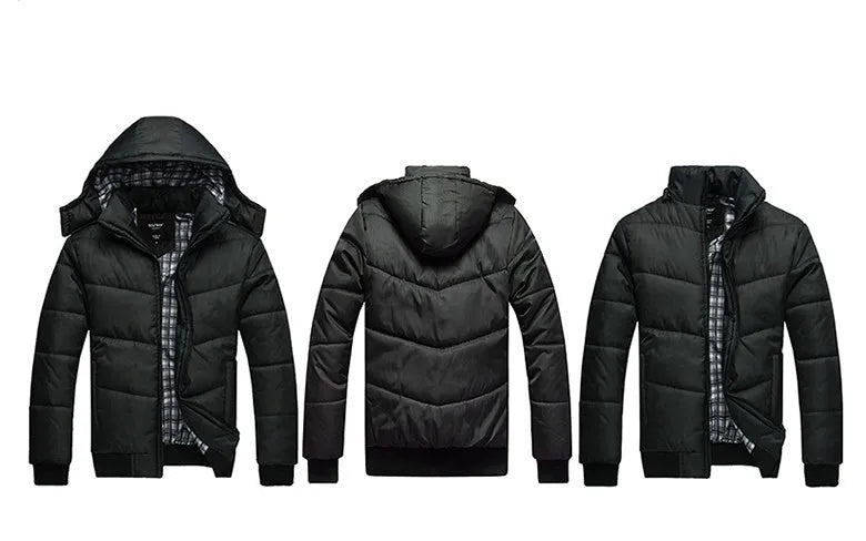 Men's winter parka coat in black with detachable hood, loose heavyweight fit, shown from front