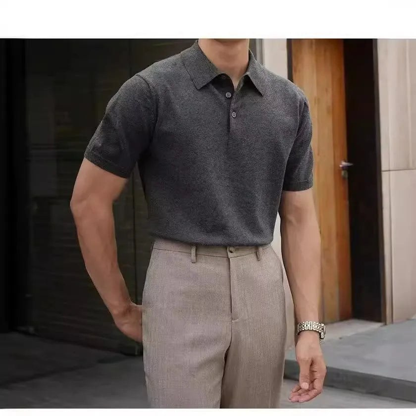 Men's black short sleeve polo shirt with a cotton ice silk knit and classic collar.