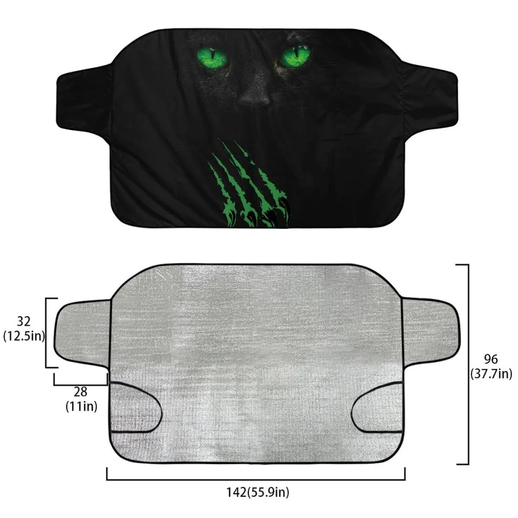 Car snow protection cover with front gear made from silver aluminium film fabric, shown with lanyard ties.