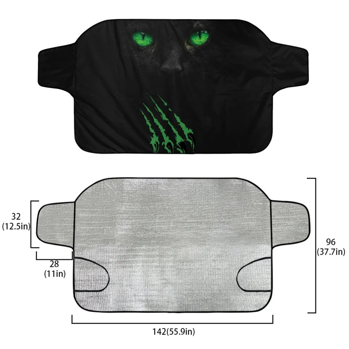 Car snow protection cover with front gear made from silver aluminium film fabric, shown with lanyard ties.