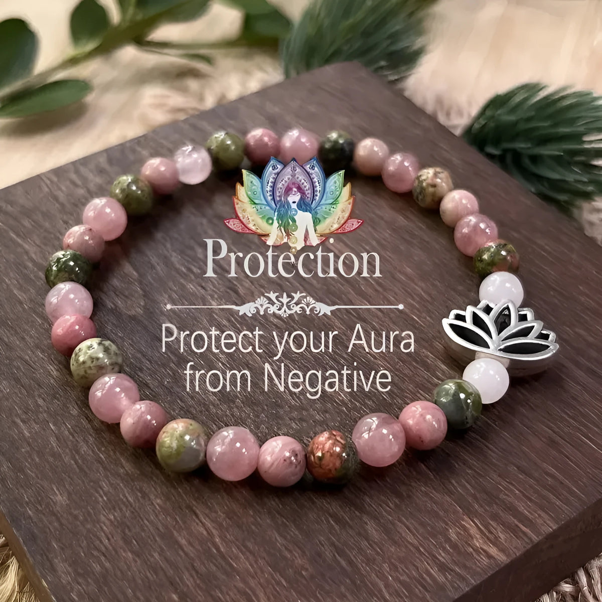 Rhodonite crystal natural stone bead bracelet with seven pulse lotus design in French retro style, colour L1381