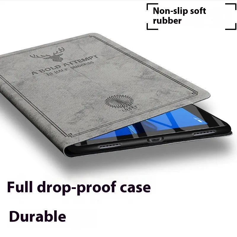 iPad protective clamshell case in TPU leather showing Black Elk colour option.