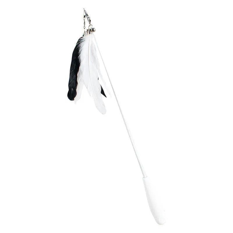 Telescopic fishing rod cat toy with goose feather teasers extended to show full length