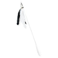 Telescopic fishing rod cat toy with goose feather teasers extended to show full length