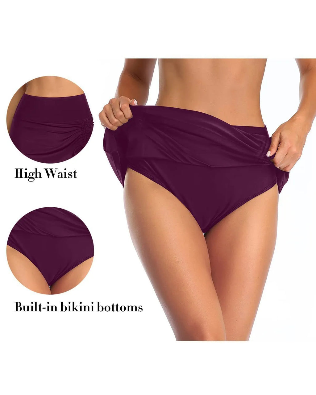 Women's solid colour lace-trimmed casual swimming trunks in polyester fabric.