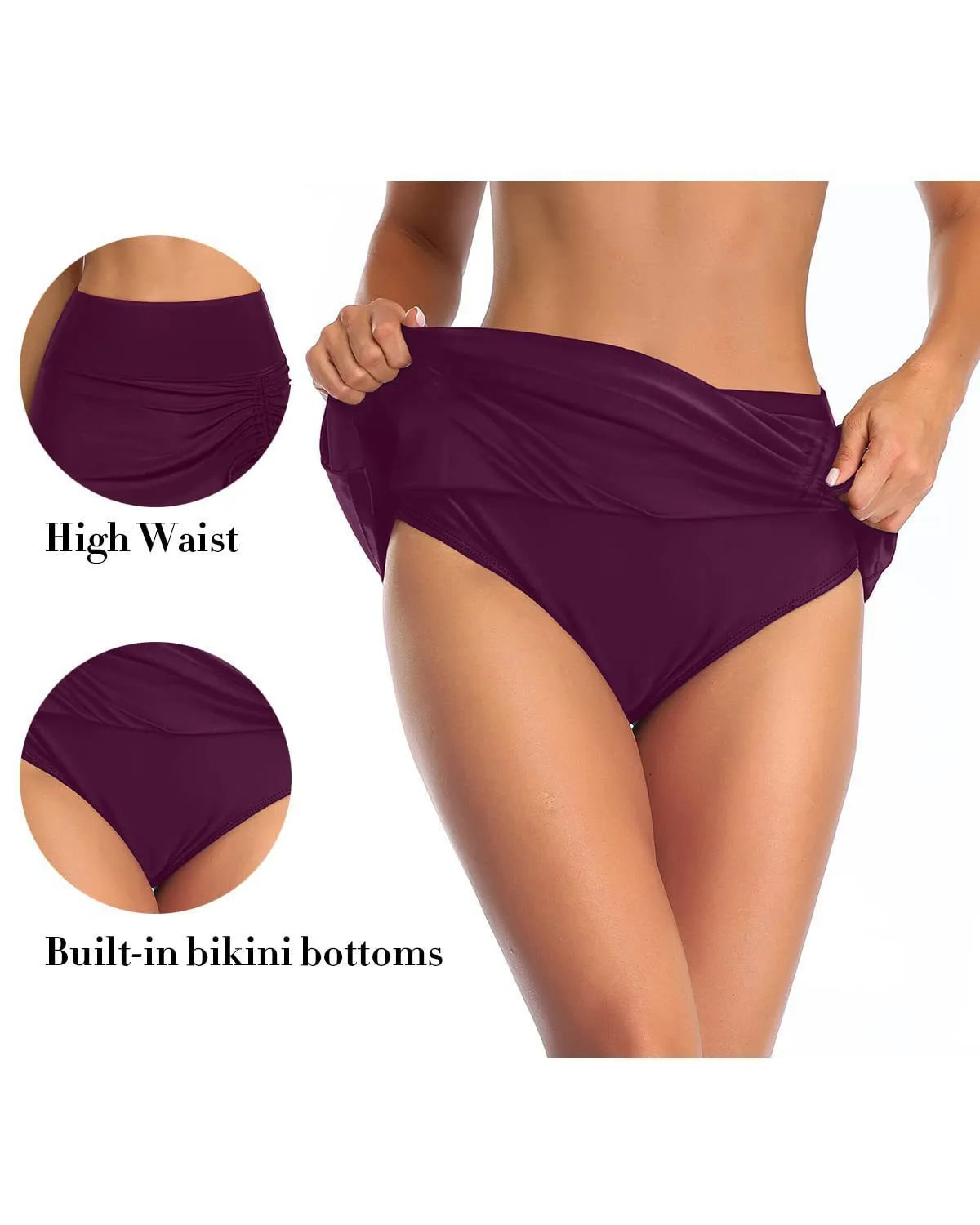 Women's solid colour lace-trimmed casual swimming trunks in polyester fabric.