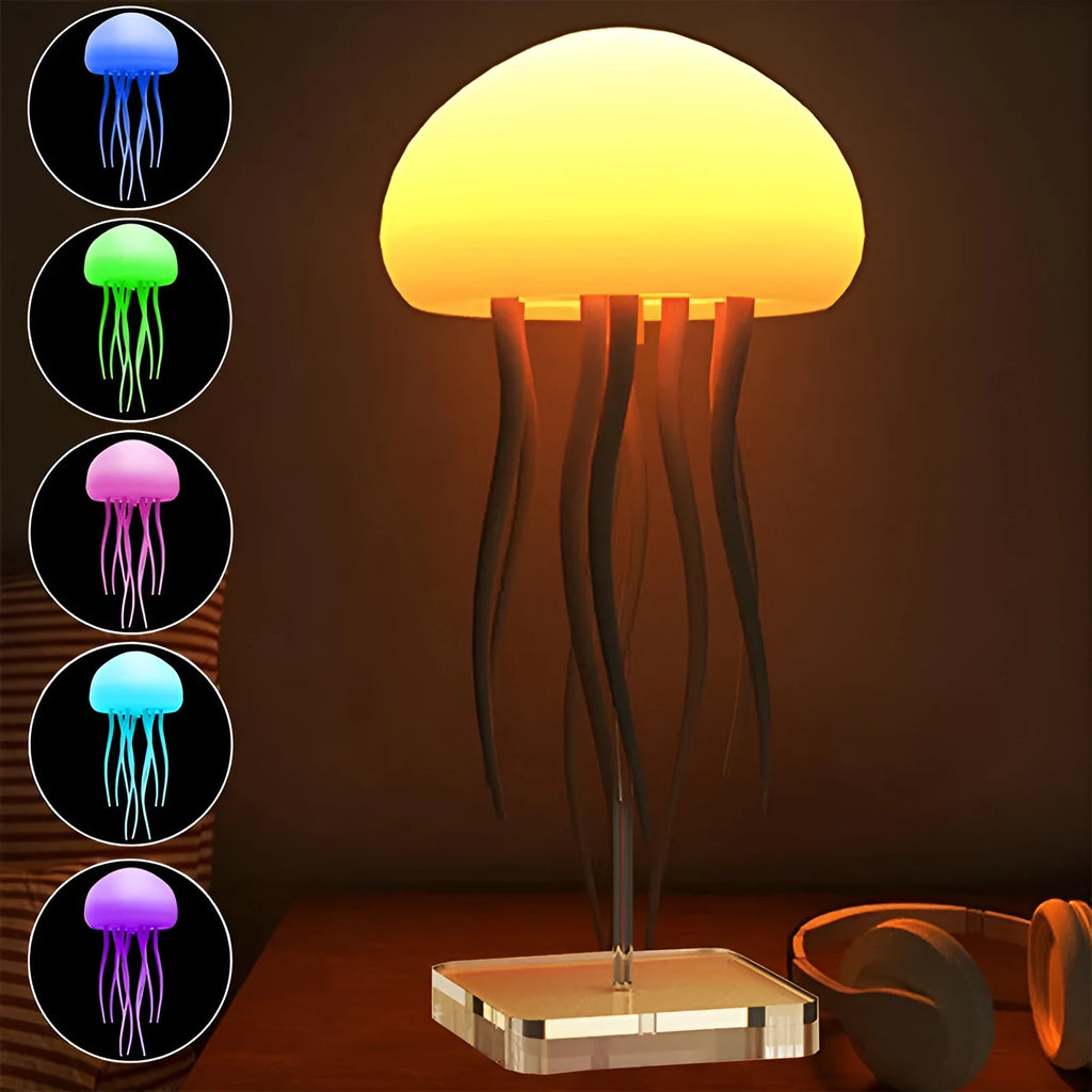 Jellyfish-shaped LED mood lamp with adjustable tentacles and colour-changing bubble effects