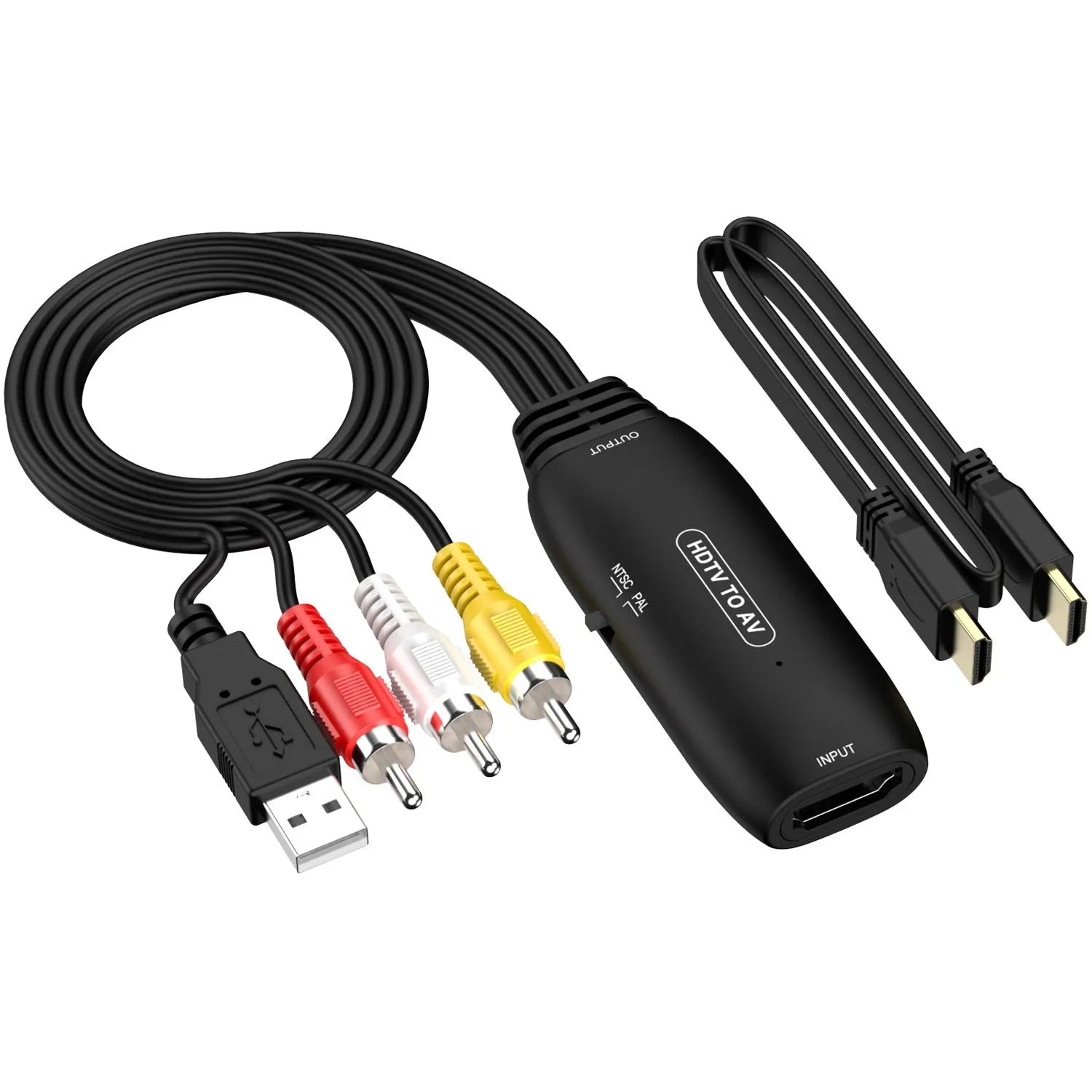 HDMI to AV converter cable with 110cm length and two connector styles for 1080p video transfer