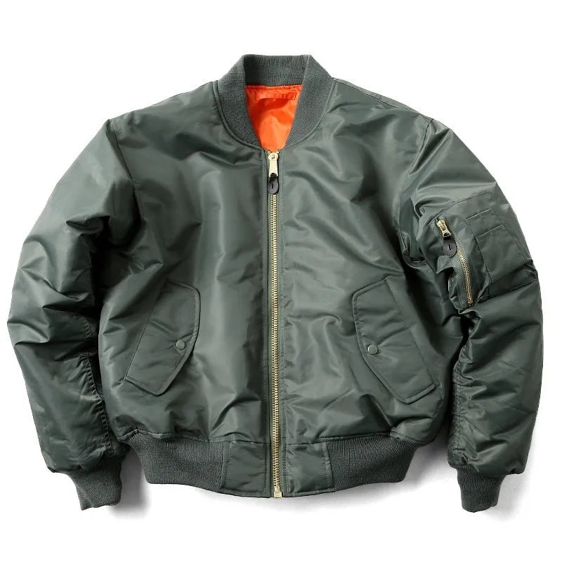 Men's reversible nylon pilot jacket in army green, shown on a model, displaying its loose fit and double-sided design.