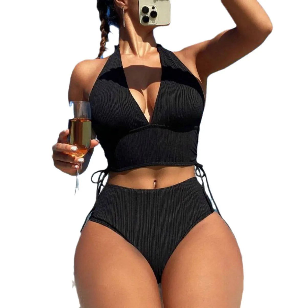 Black lace-up halter bikini set with matching briefs on mannequin