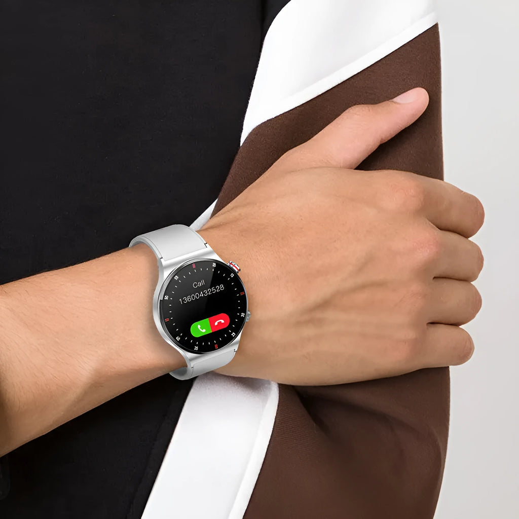 Black smart watch with silicone band and a 1.28-inch screen displaying health metrics.