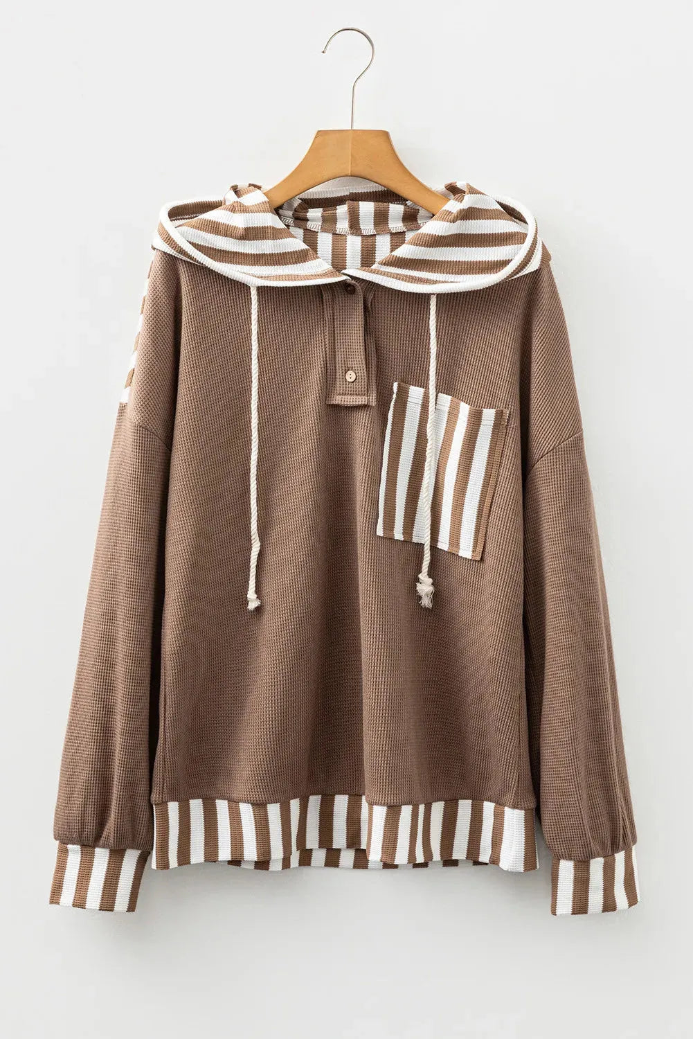 Straw yellow striped patchwork hoodie with a waffle texture and button neck drawstring.