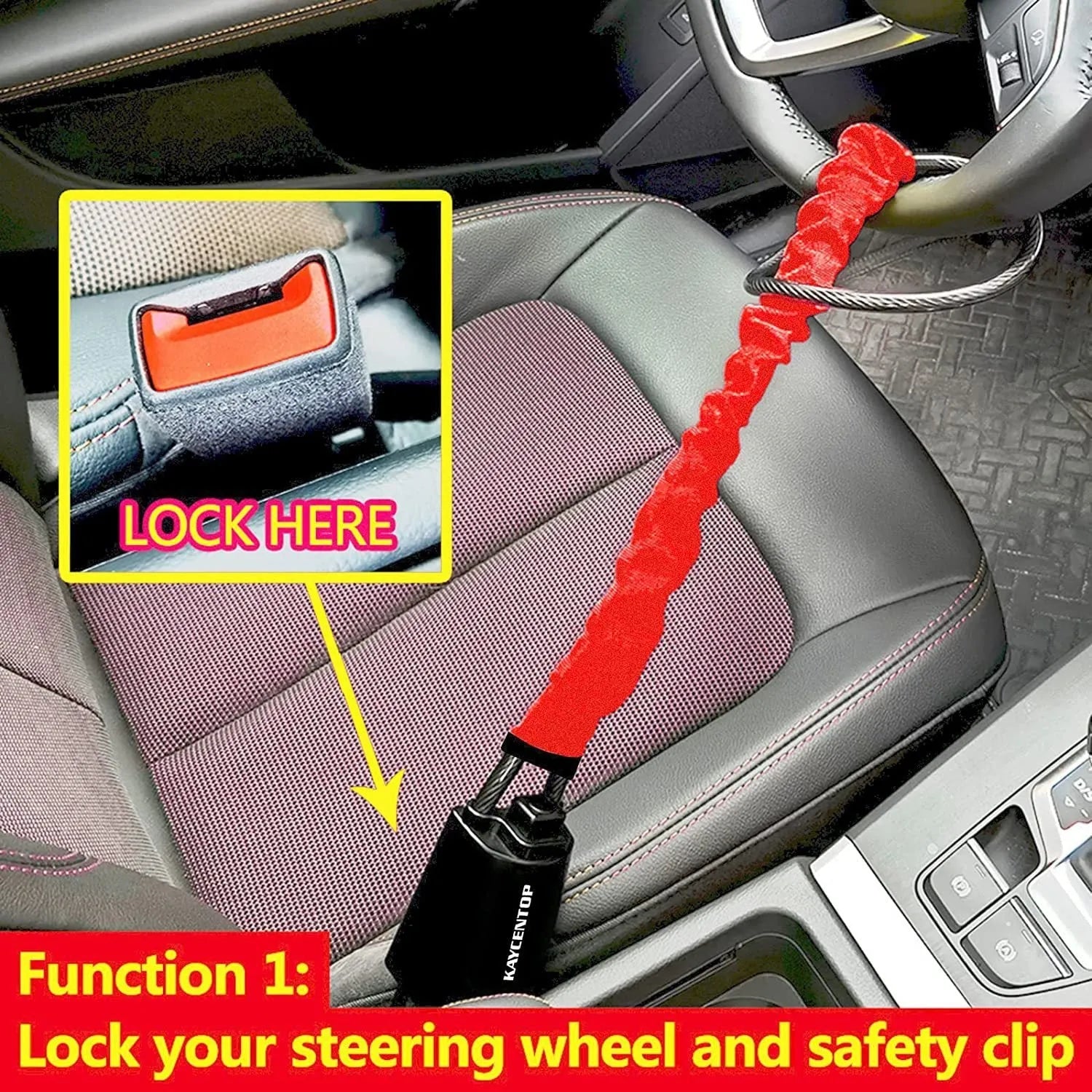 A red iron steering wheel lock with a copper core for General Motors cars, shown with its wire rope extended.