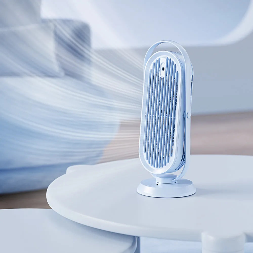 Desktop USB tower fan with remote control and humidifier spray function in dark blue colour.