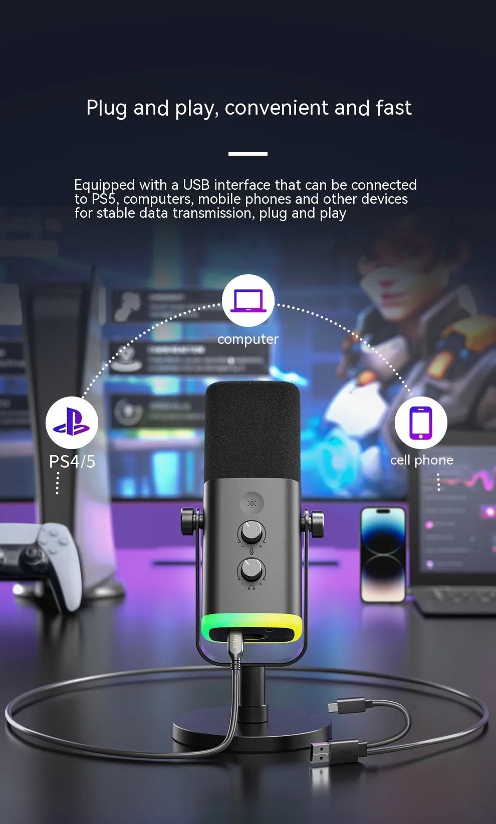 Black USB XLR microphone with noise reduction for streaming and recording, includes cables and base