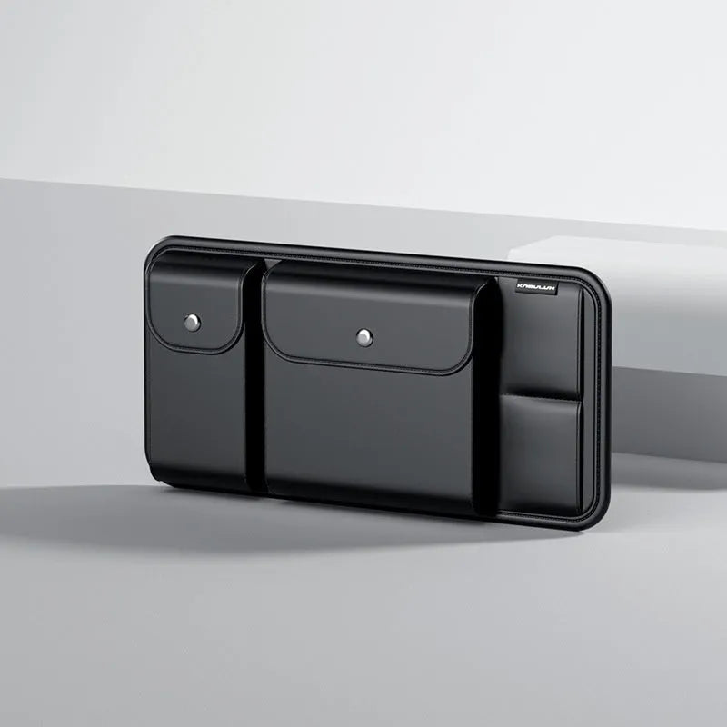 Black PVC automotive sun louver storage clamp with glasses, measuring 32cm by 3.5cm by 16cm