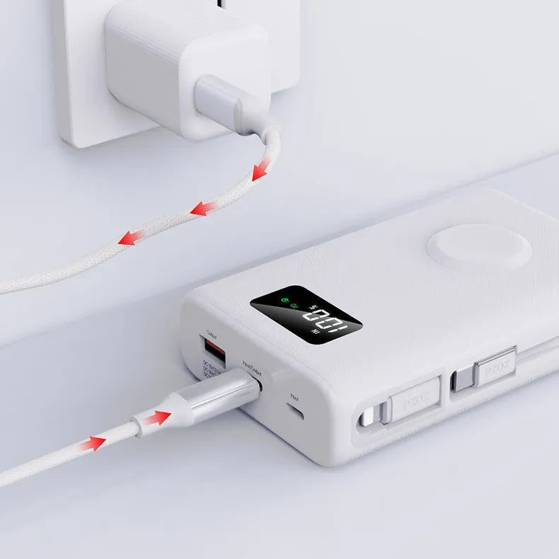 White and black wireless charging power bank with screen display showing battery level, 20000mAh capacity.