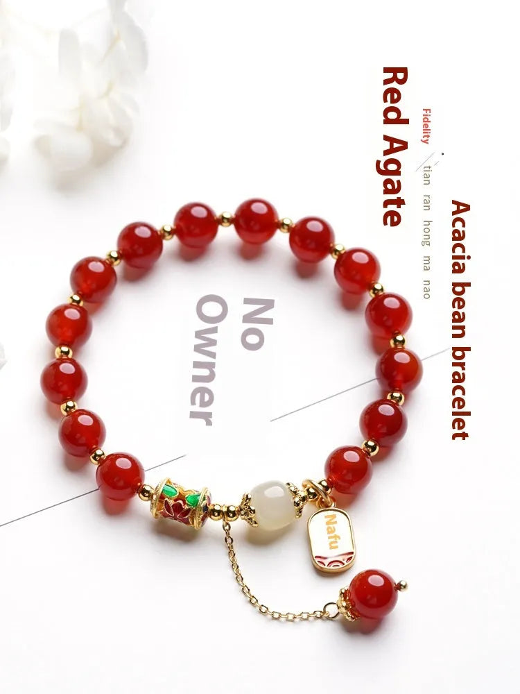 Women's red agate and Hetian jade beads bracelet with natural crystal semi-precious stones and gold plating