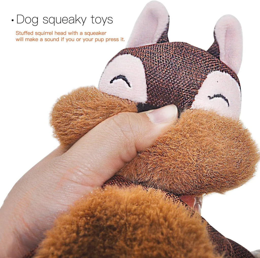 Brown fox-shaped dog toy with rope arms and legs, embroidery eyes, squeaker and crinkle sounds
