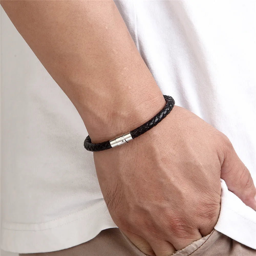 Men's titanium steel geometric wire bracelet with a magnetic clasp shown in multiple colours.