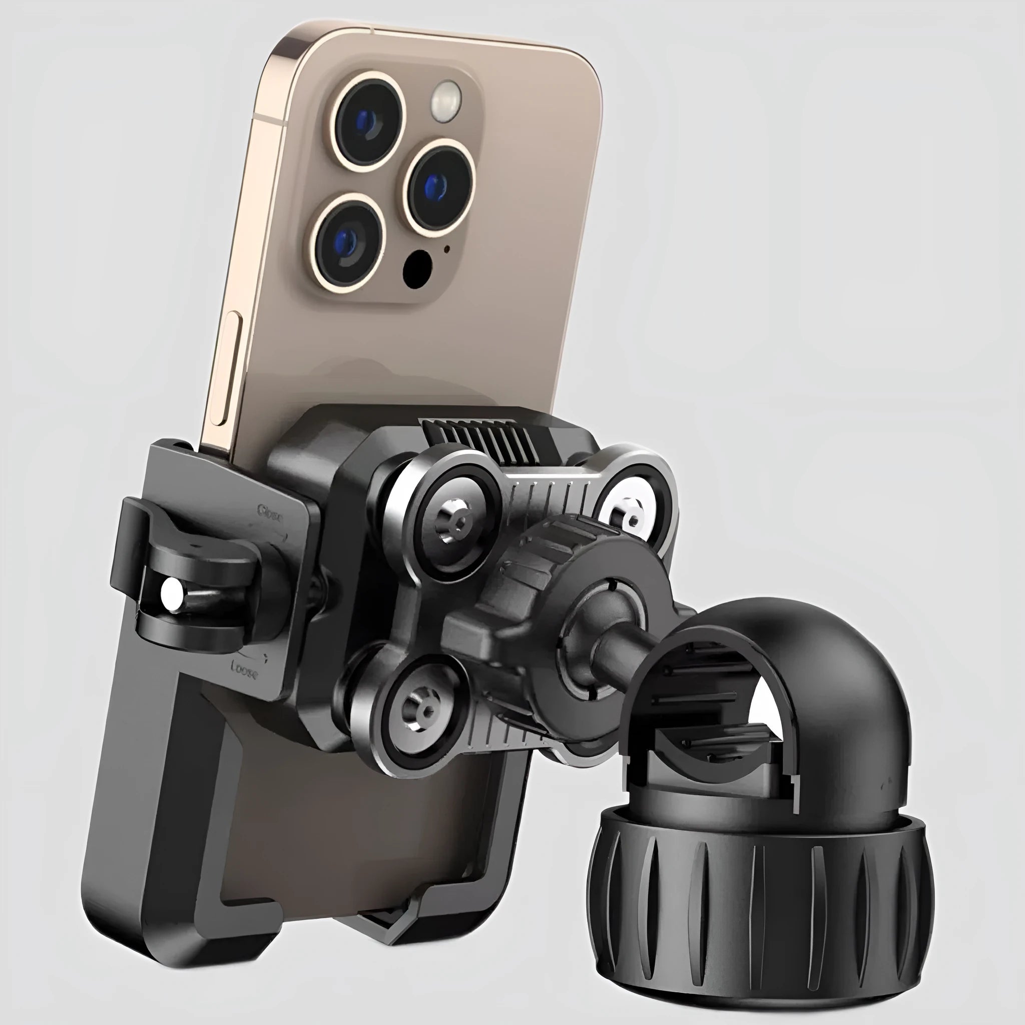 Black aluminium alloy motorcycle phone navigation bracket with shock absorber mounted on handlebars