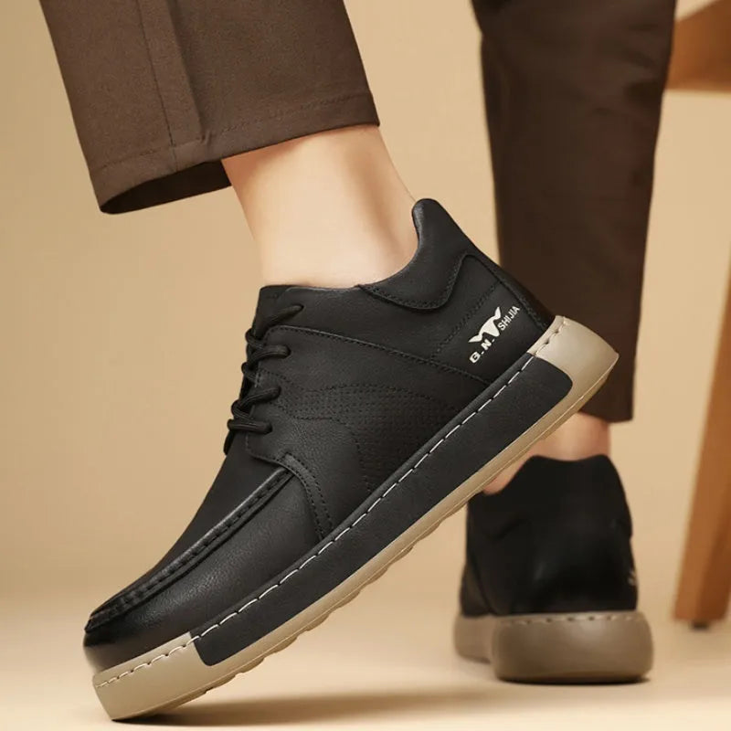 Men's British mid-top leather formal lace-up shoe in khaki and black with stitching detail