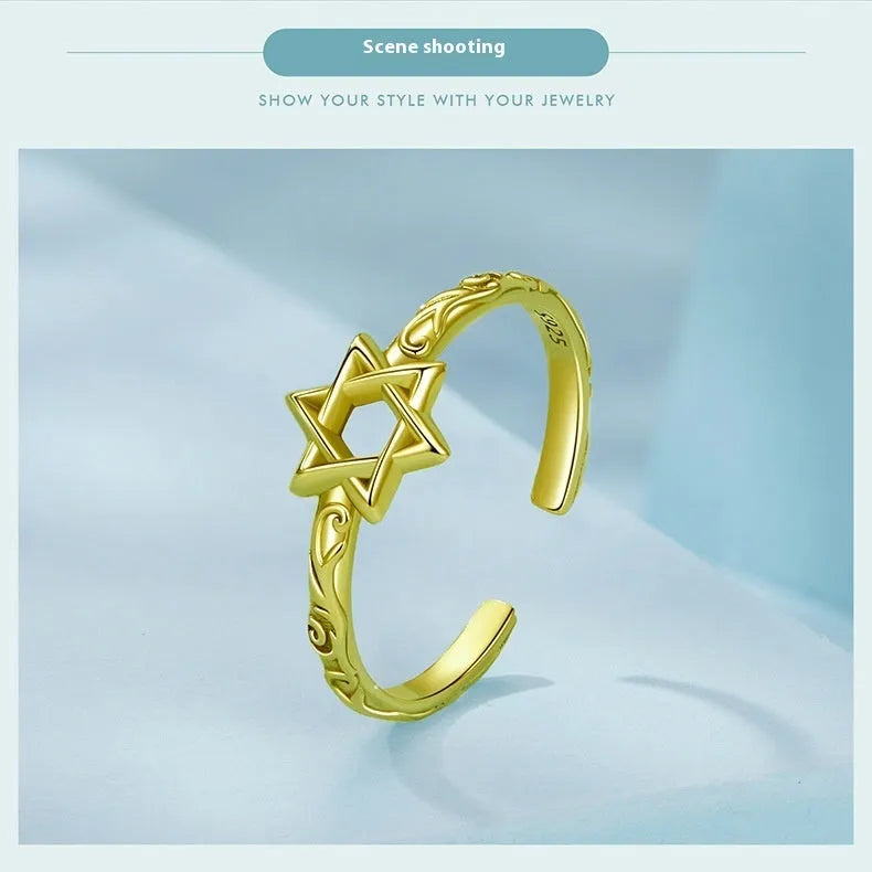 Silver star open ring with six-pointed star shape and retro finish, shown in silver or gold colour option