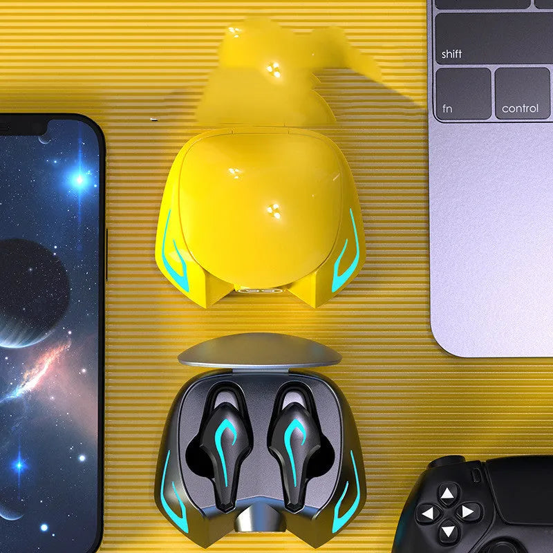 Colourful wireless Bluetooth gaming headset with earplug-style earpieces in yellow, black, and grey variants.