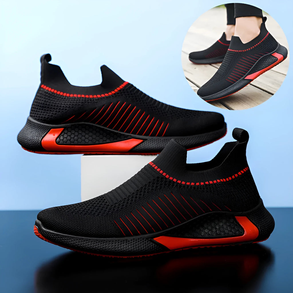 Men's mesh slip-on sneakers with striped design and breathable flyknit upper in black colour