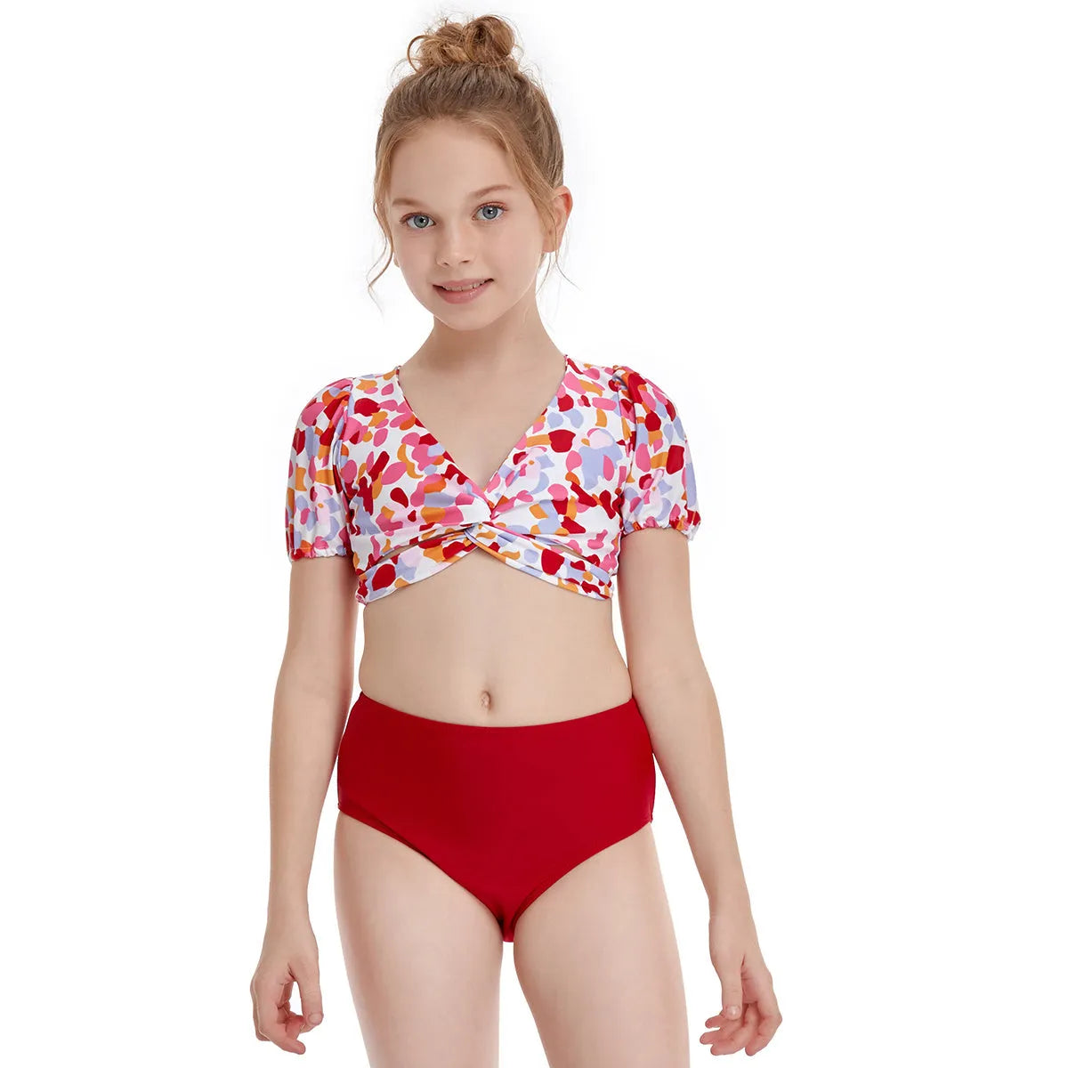 Parent-child swimwear in nylon with leopard print and solid colours, sizes 104-164cm for family matching