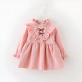 Korean long sleeve baby girl dress in pink or purple, sizes 6M to 42M with size chart measurements.