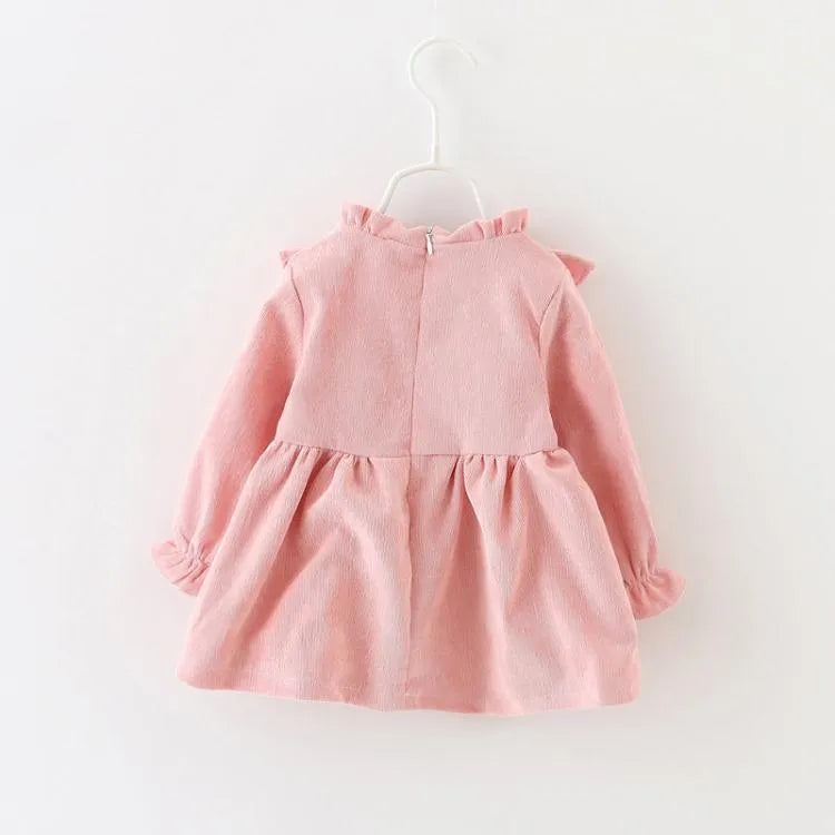 Korean long sleeve baby girl dress in pink or purple, sizes 6M to 42M with size chart measurements.