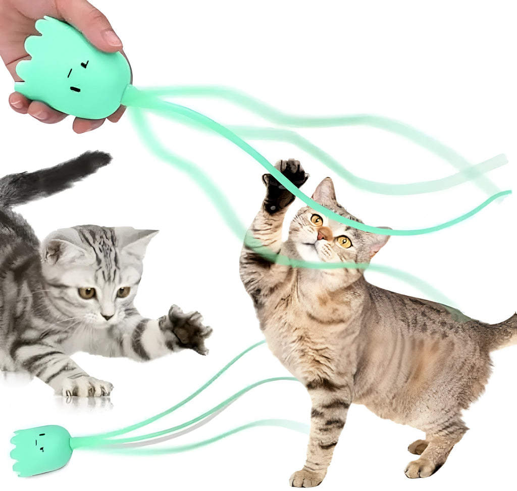 Green rechargeable automatic cat wand toy with swinging silicone tail on a white background.