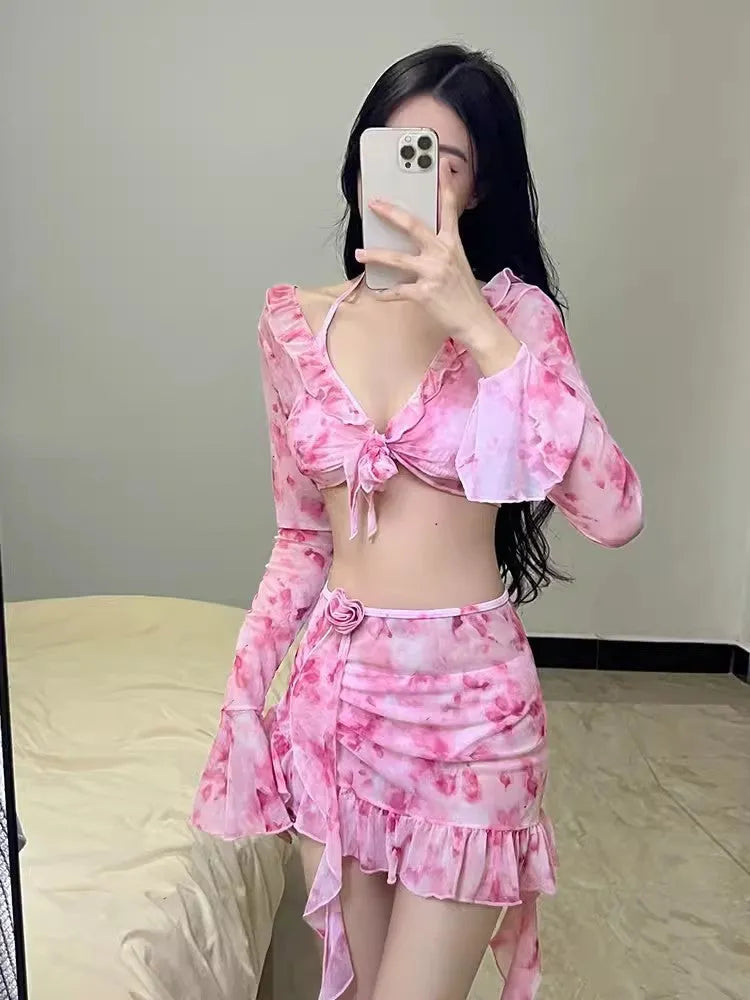 Women's floral pattern bikini swimsuit set in cherry blossom powder colour