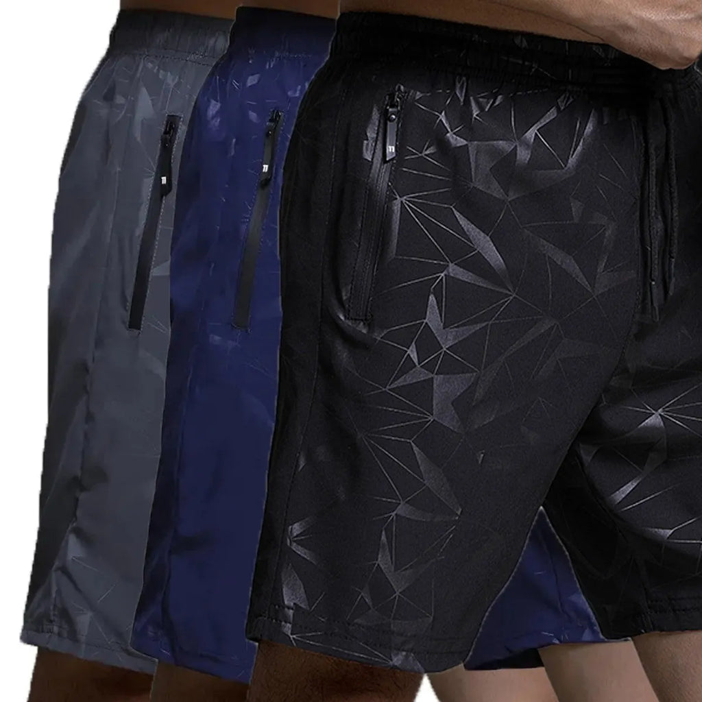 Men's loose fit sports shorts in polyester fibre available in black, gray and blue colours with elastic waistband