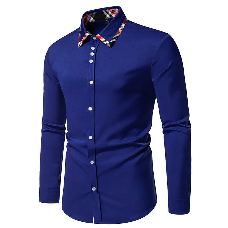 Men's blue plaid long sleeve shirt with a black triangle contrast collar.