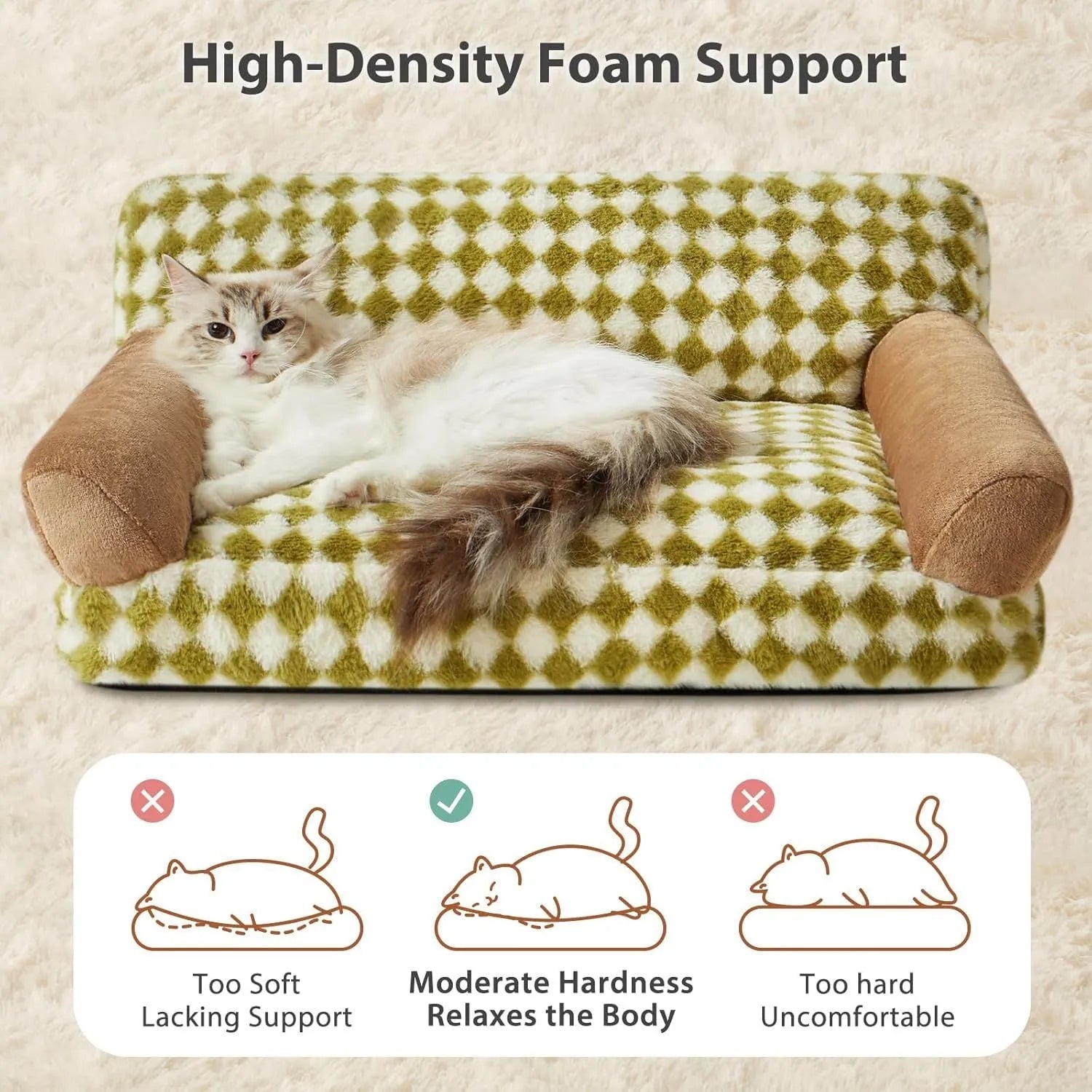 Checkered grey and white pet couch bed for a small dog or cat, showing removable cover and non-slip bottom.