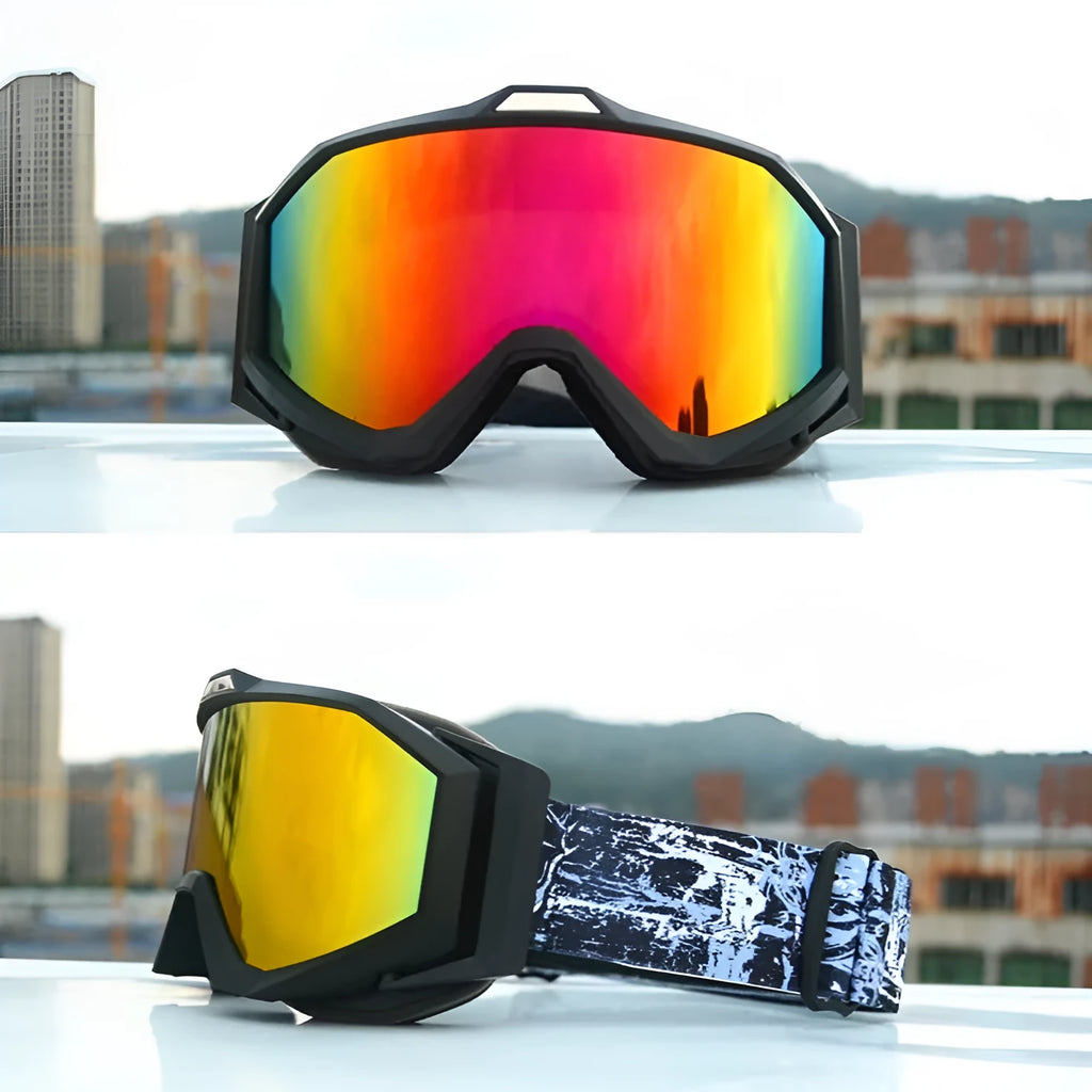 Double layer anti-fog motorcycle goggles with TPU frame in various colour options including black frame grey film.