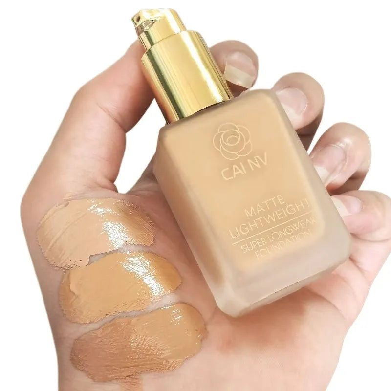 Wheat coloured liquid foundation cream in bottle for combination skin with natural finish