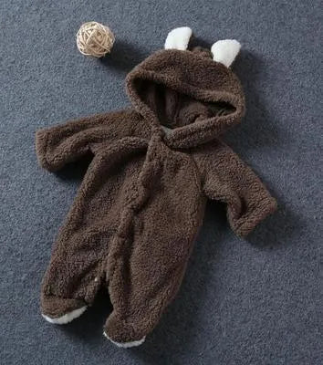 Unisex baby winter romper in cotton blend, O-neck pullover, available in eight colours and sizes 0 3M to 9 12M.