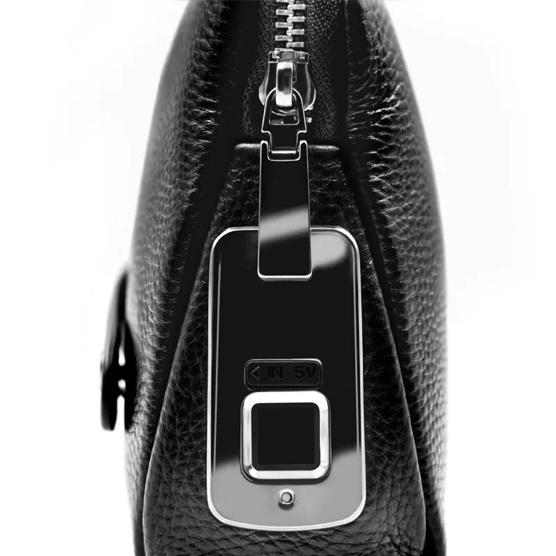Black mens wallet with fingerprint lock, first layer cowhide, zipper closure, Type-C charging port