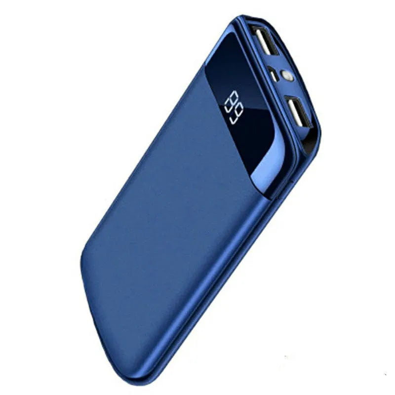 Y10 black portable power bank with LCD screen showing battery percentage and two USB ports.